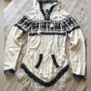 Sisandina Boho Knit Alpaca Wool Knitted Hoodie White & Blue Sweater Size Small